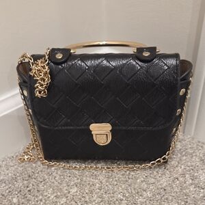 Black Woven Leather Crossbody Bag with Gold Hardware